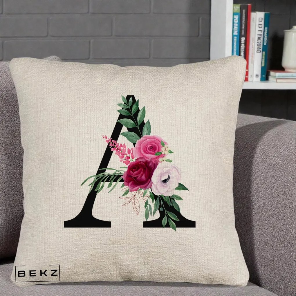 Cadou Personalizat - Perna Personalizata Monograma Florala Litera A, 40x40 cm, Bej Canapea, Husa Detasabila, Perna Inclusa, BEKZ®