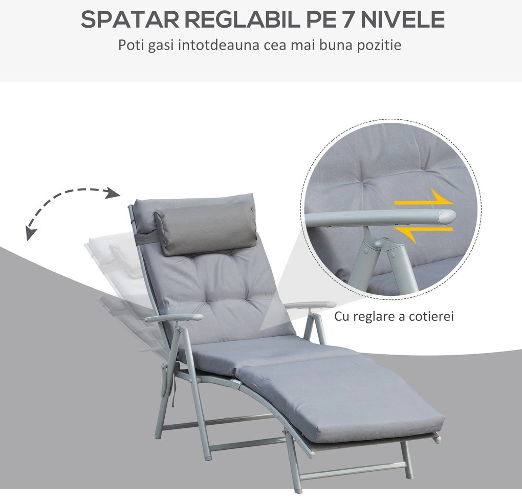 Outsunny Sezlong de Gradina Pliabil cu Saltea si Perna, Spatar cu 7 Pozitii de Inclinare, 137x63.5x100.5cm, Gri | Aosom Romania