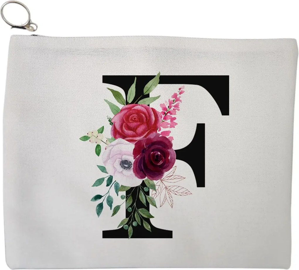 Portfard Cosmetice tip Plic, Cu litera F si Trandafiri, 23x18 cm, Alb, BEKZ®