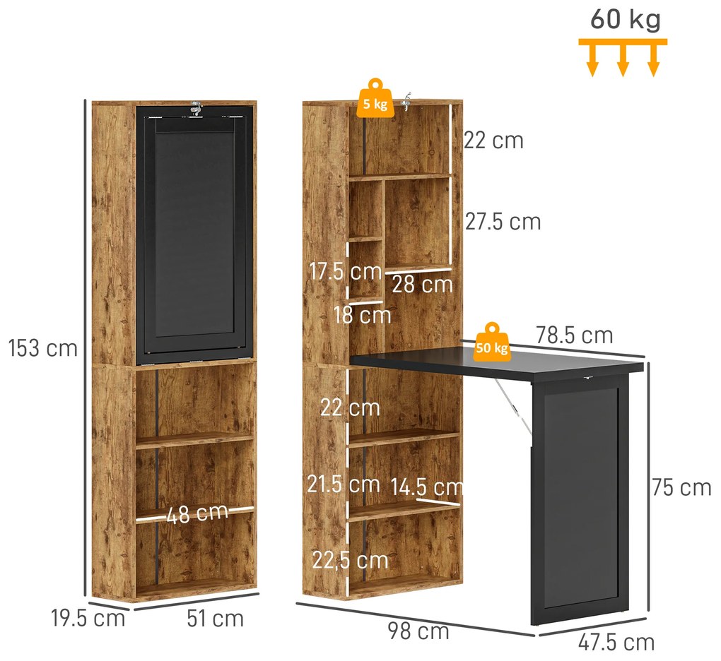 HOMCOM Birou de calculator pliabil cu bibliotecă, stație de lucru, tablă neagră și raft reglabil, 98x51x153cm, măr brun | Aosom Romania