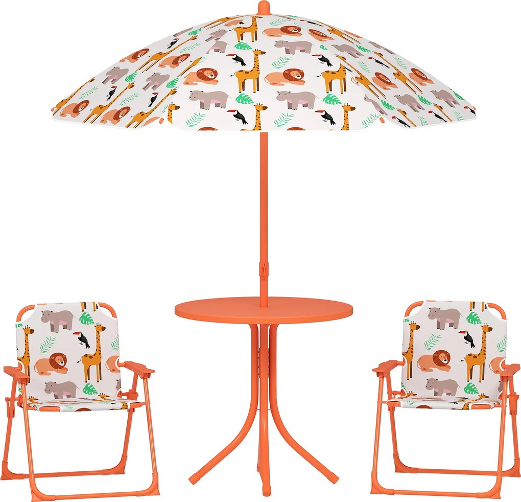 AIYAPLAY Set de Grădină pentru Copii, Masă și Scaune cu Umbrelă, Masă de Picnic pentru Exterior cu 2 Scaune Pliabile pentru Copii de 2-5 Ani, Portocaliu | Aosom Romania