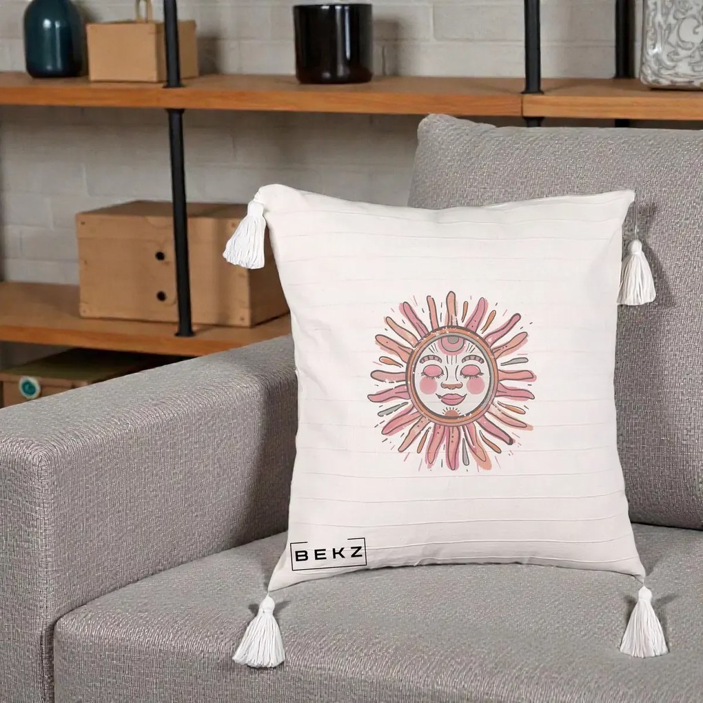 Perna Decorativa Soare Roz Tribal, 40x40 cm, Bej cu Franjuri, Husa Detasabila, Perna Inclusa, BEKZ®