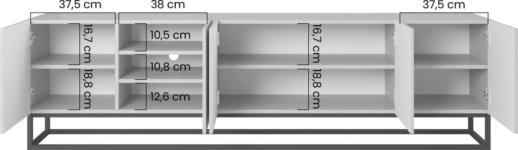 Comodă TV Asha 200 cm cu partea frontală striat și cadru metalic negru – bej cashmere