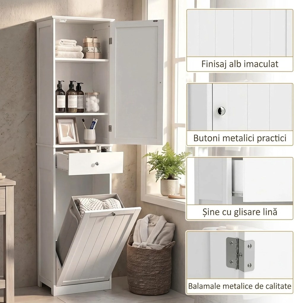 HOMCOM Dulap de baie tip coloană 180 cm cu coș de rufe rabatabil, alb | Aosom Romania