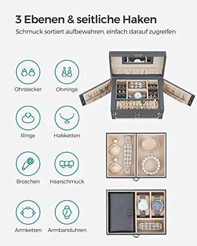 Cutie de bijuterii, Songmics, Gri, 26x18x17 cm