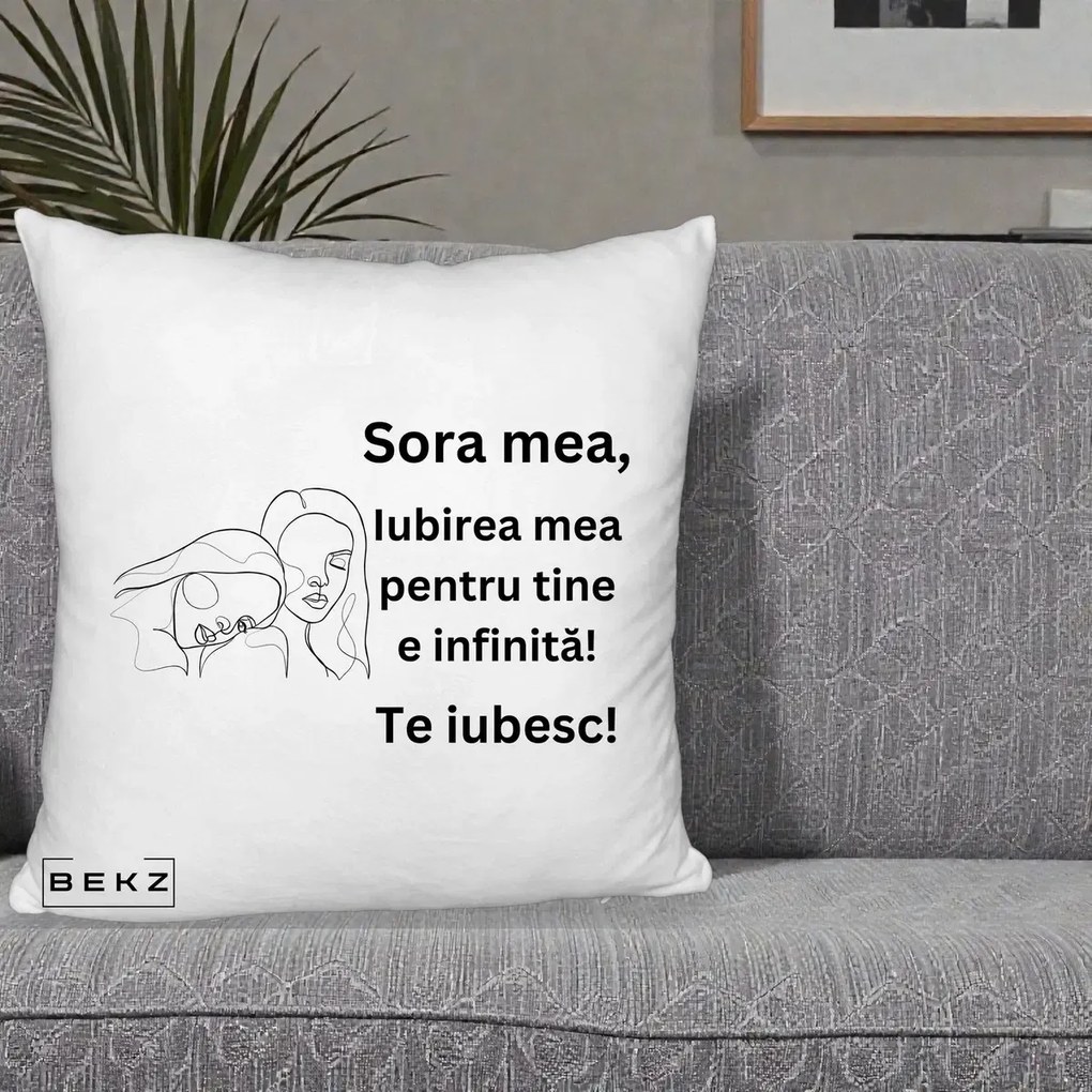 Cadou pentru Sora - Perna Personalizata Sora Mea Te Iubesc Line Art Portrete Fata in Fata, 40x40 cm, Alb Pufos, Husa Detasabila, Perna Inclusa, BEKZ®