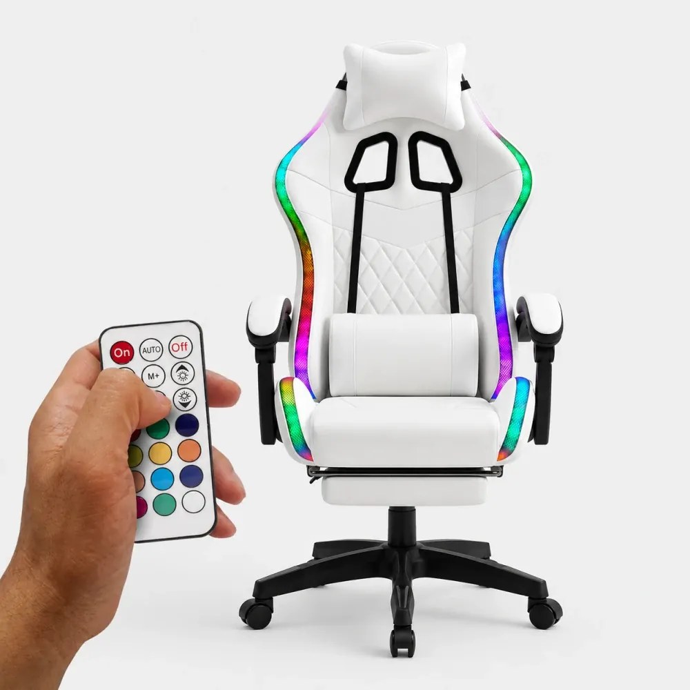 Scaun gaming, sistem iluminare bandă LED RGB, masaj în perna lombară, suport picioare, Alb