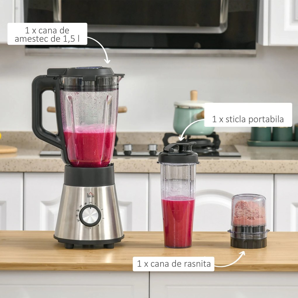 HOMCOM Blender Electric 1000W Multifunctional 4 in 1 cu 5 Viteze si 4 Programe, Smoothie Maker si Masina de Tocat cu Pahar de 1.5L