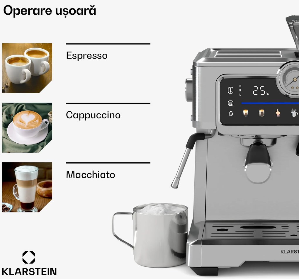 Klarstein Aparat de cafea GrandPresso Touch, 20 bar, râșniță integrată, indicator de presiune, spumă de lapte