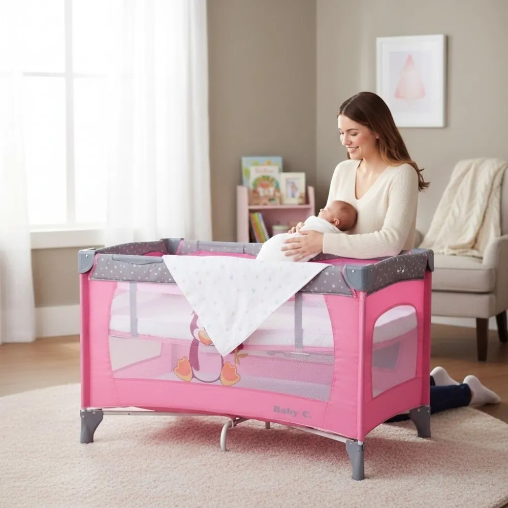 Patut Pliabil si Tarc copii Baby Care™ PRO FMG, 120X60 cm, 2 Niveluri de inaltime, Cu geanta transport inclusa, Plasa insecte, Roz