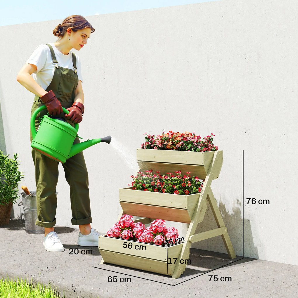 Outsunny Pat vertical cu 3 etaje din lemn, jardiniere 3 compartimente cu orificii de scurgere Verde | Aosom Romania