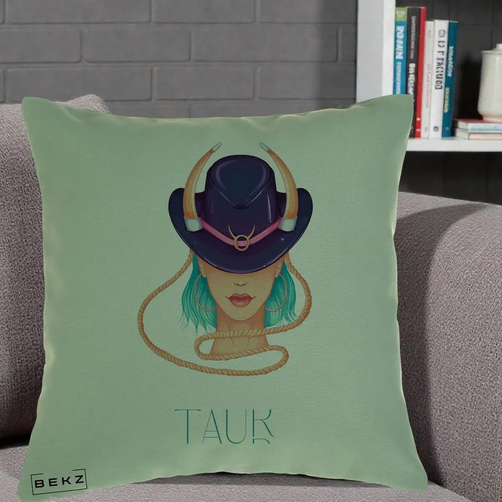 Perna Personalizata Zodie Taur, 40x40 cm, Verde, Husa Detasabila, Perna Inclusa, BEKZ®