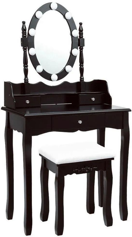 Set Denise cu LED uri, Masă de toaletă pentru machiaj, oglindă cu LED uri, 3 sertare și scaun, negru