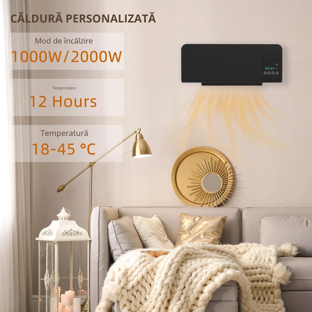HOMCOM Aeroterma de Perete Oscilatoare pentru Casa si Birou cu Temporizator 12h si 2 Modalitati de Incalzire, 54.5x12x21.5 cm, Negru