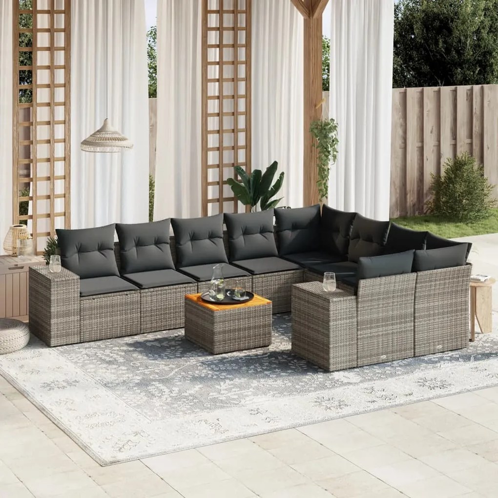 vidaXL Set mobilier de grădină cu perne, 10 piese, gri, poliratan