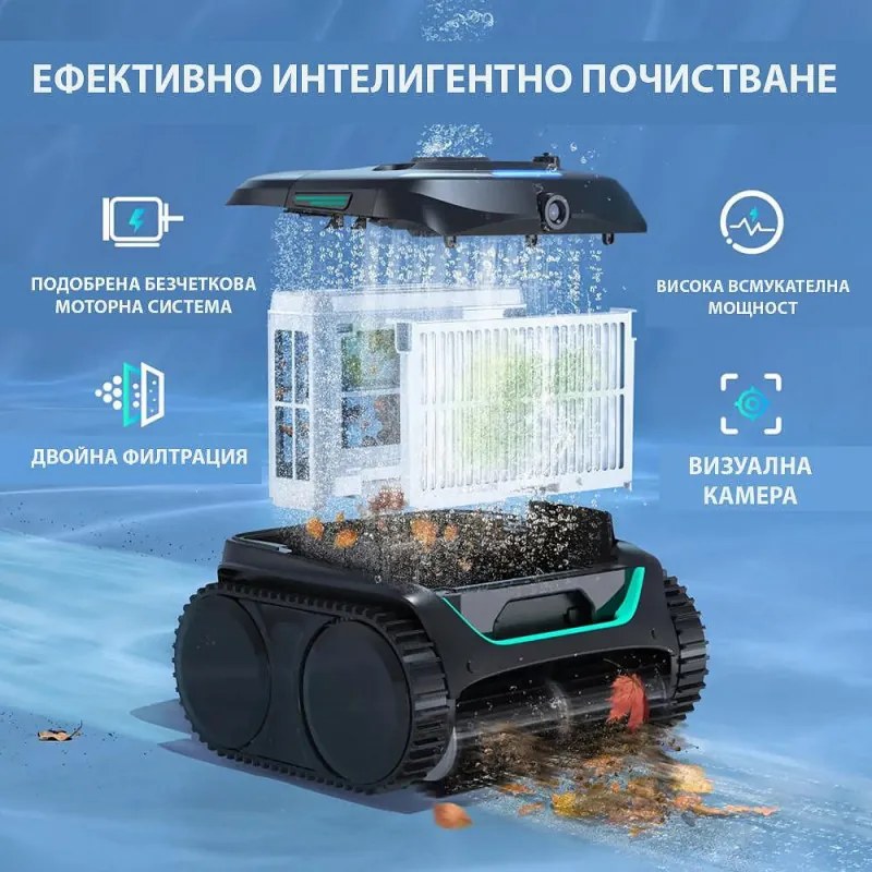 Robot fara fir pentru piscine Wybot C2 Pro Vision, 65 W, 180 min, 200 m², Camera AI, Filtrare dubla, Functii autonome, Negru