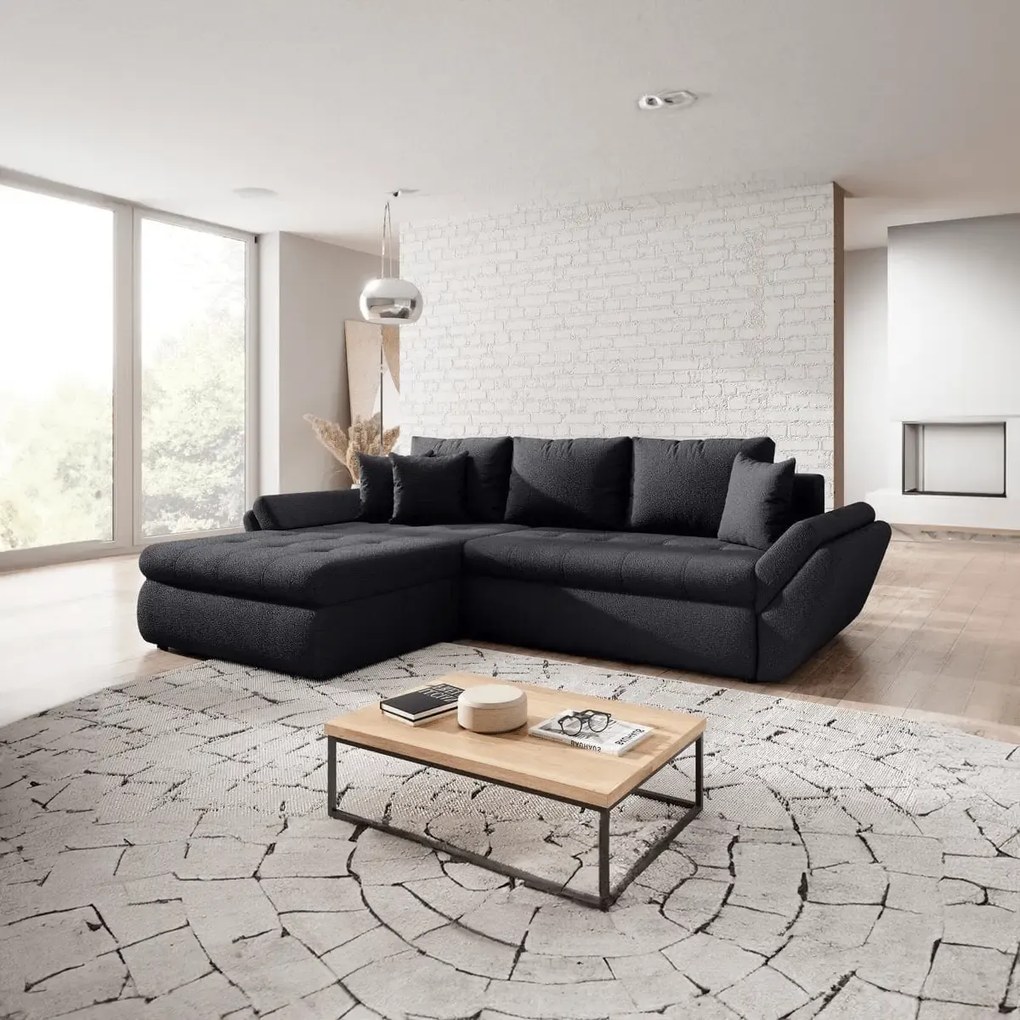 Colțar extensibil dumonde cu ladă de depozitare si sezut confortabil din spuma high-density, Loana Euphoria Black 270x185 cm