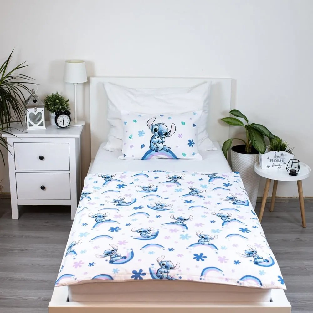 Lenjerie de pat pentru copii albă/albastră din bumbac pentru pătuț 135x100 cm Lilo and Stitch "Rainbow" – Jerry Fabrics