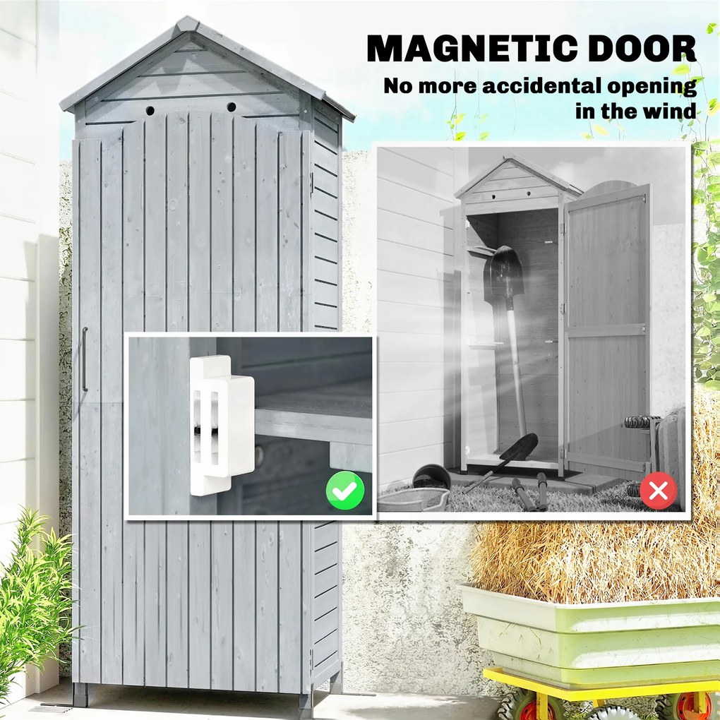 Outsunny Dulap grădină din lemn, magazie înaltă pentru unelte cu raft reglabil, ușă magnetică, acoperiș galvanizat, ventilație | Aosom Romania