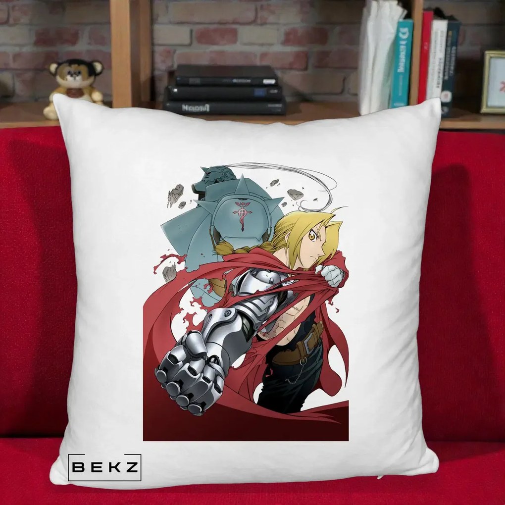 Perna Personalizata Fullmetal Alchemist Brotherhood Edward si Al Poster, 40x40 cm, Alb Pufos, Husa Detasabila, Perna Inclusa, BEKZ®