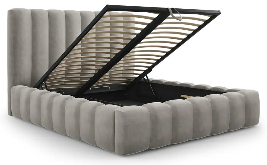 Pat dublu 160x200 cm gri deschis tapițat cu spațiu de depozitare și somieră Kelp – Micadoni Home