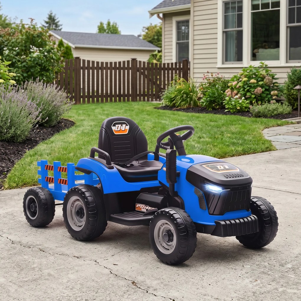 AIYAPLAY 2 în 1 Tractor Electric pentru Copii 3-8 Ani cu Remorcă Detașabilă, Telecomandă, Muzică, Lumini, Albastru | Aosom Romania