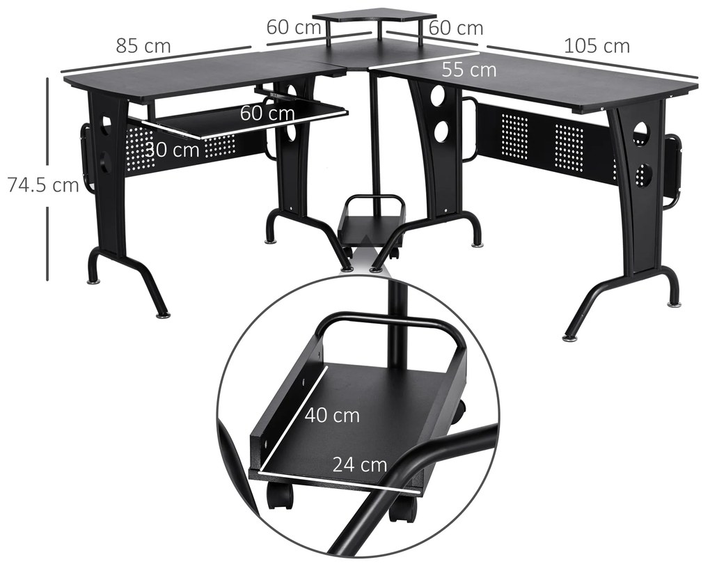 Birou pentru Computer in forma de L cu Suport pentru Tastatura Suport pentru CPU din inox MDF pentru casa birou negru HOMCOM | Aosom RO