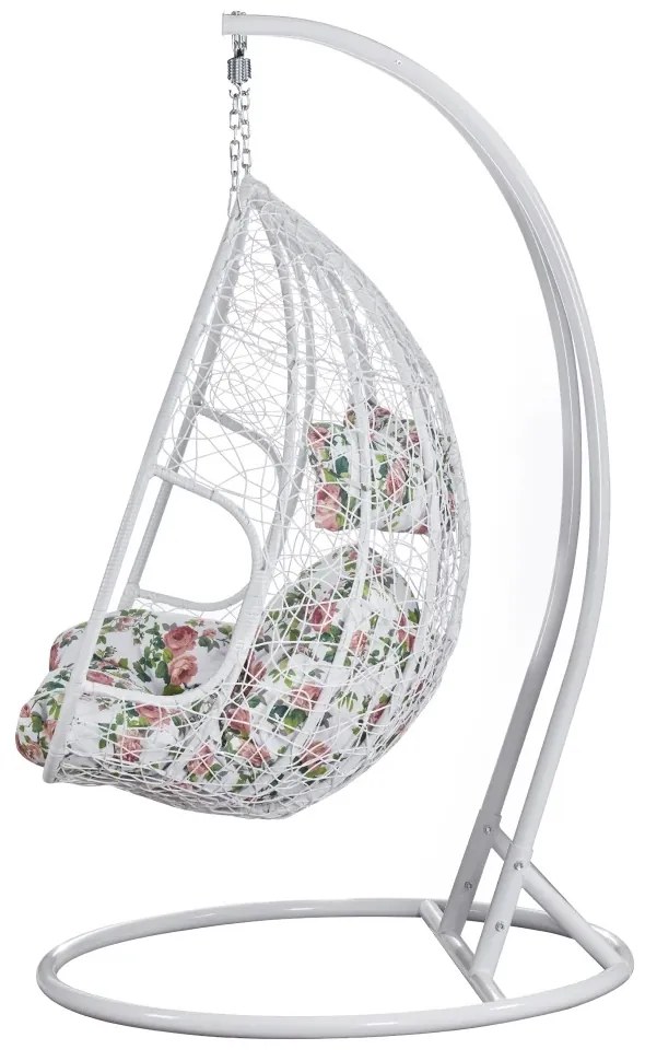 Fotoliu leagan dublu, suspendat, cu perne moi, rezistente la UV, împletitură tip răchită, structură metalică, pentru interior și exterior, Alb/Floral