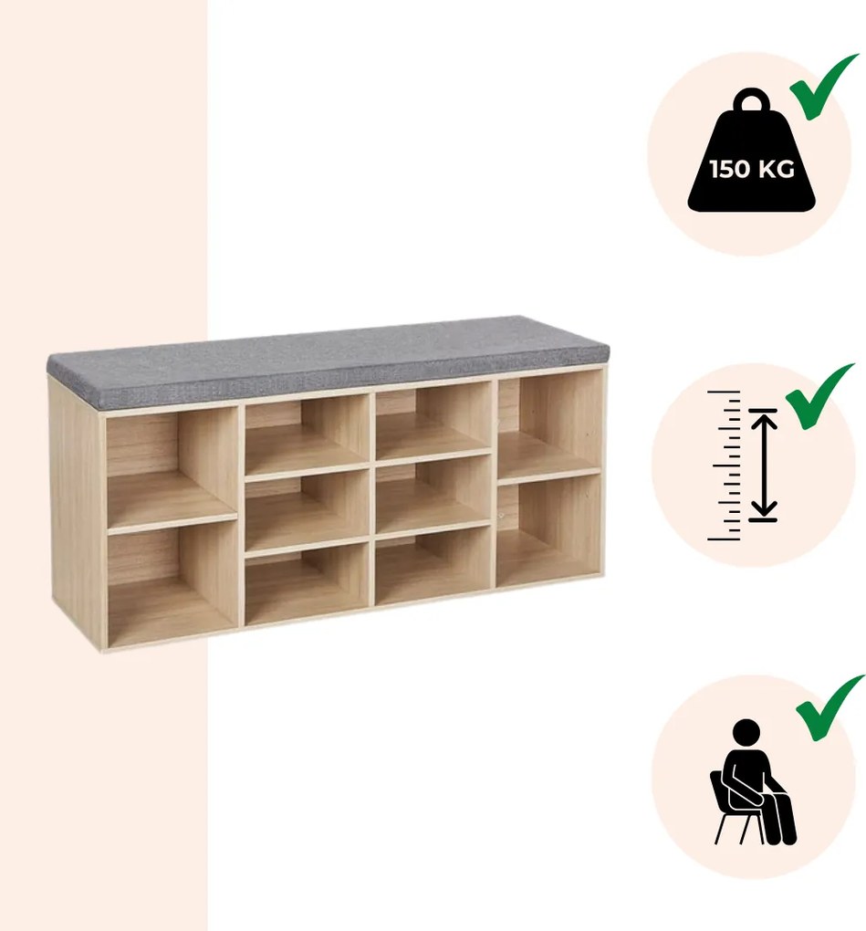 Pantofar cu bancă tapițată GABI, 10 compartimente, 104x30x48cm, gri/maro deschis Jurhan