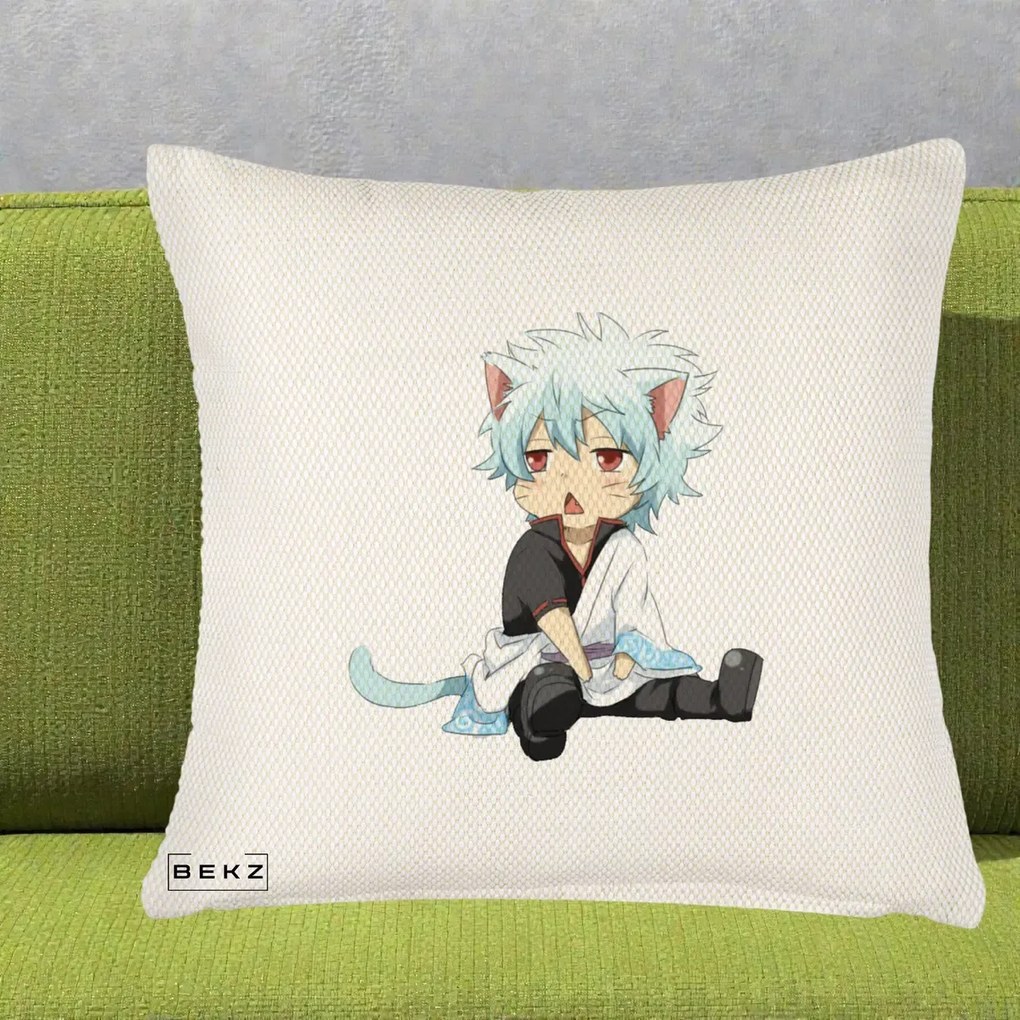 Perna Personalizata Gintama Gintoki Chibi Pisica, 40x40 cm, Crem Reliefat, Husa Detasabila, Perna Inclusa, BEKZ®