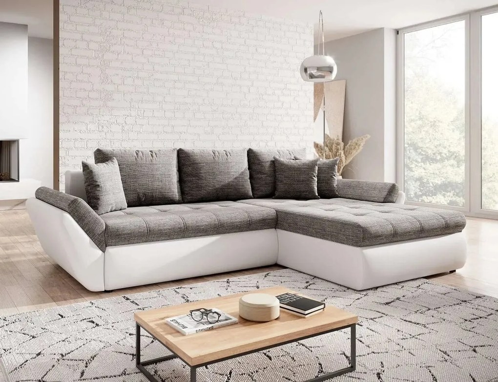 Colțar extensibil dumonde cu ladă de depozitare si sezut confortabil din spuma high-density, Loana Magma White 275x185 cm