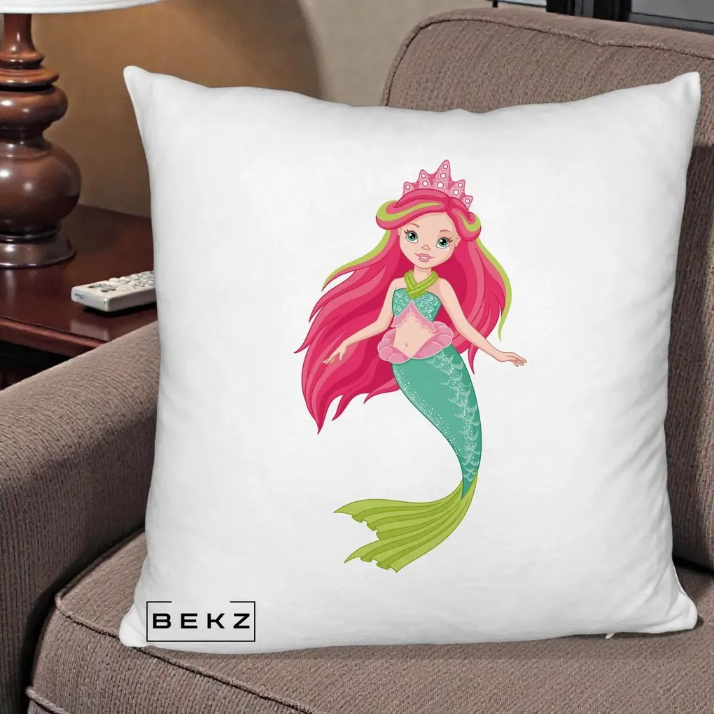 Perna Decorativa Sirena Roz cu Coroana, 40x40 cm, Alb Pufos, Husa Detasabila, Perna Inclusa, BEKZ®