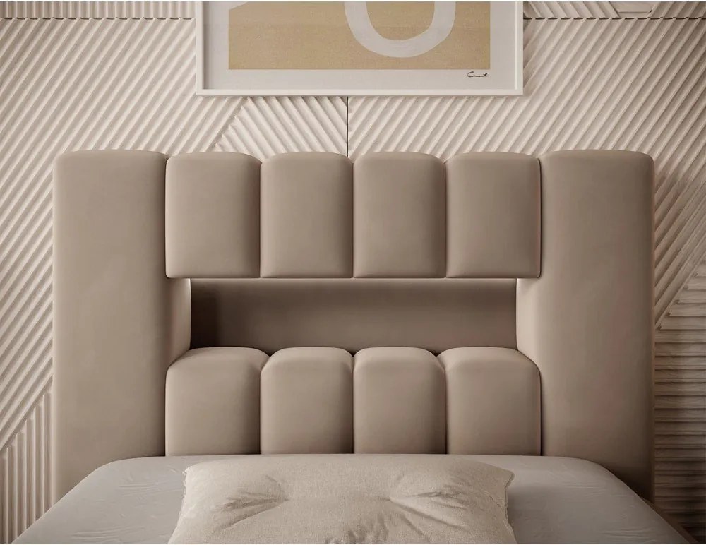 Pat maro deschis tapițat cu spațiu de depozitare cu somieră 90x200 cm Lamica – ELTAP