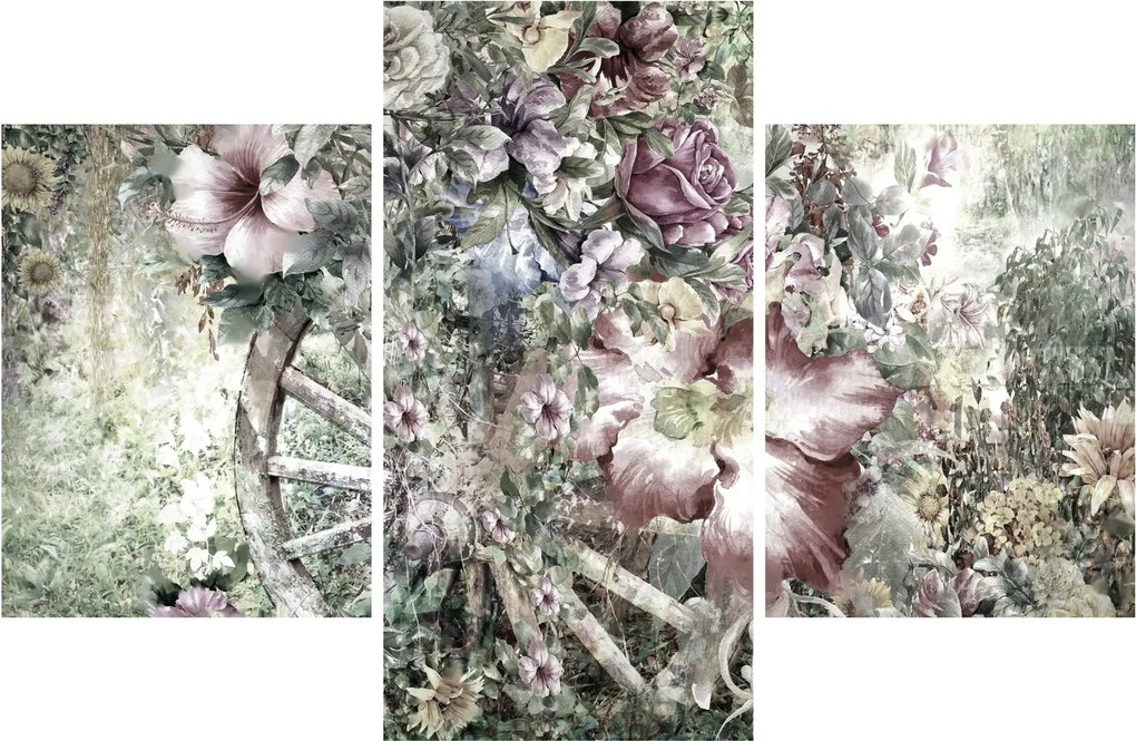 Tablou - Flori pe roata de lemn (90x60 cm)