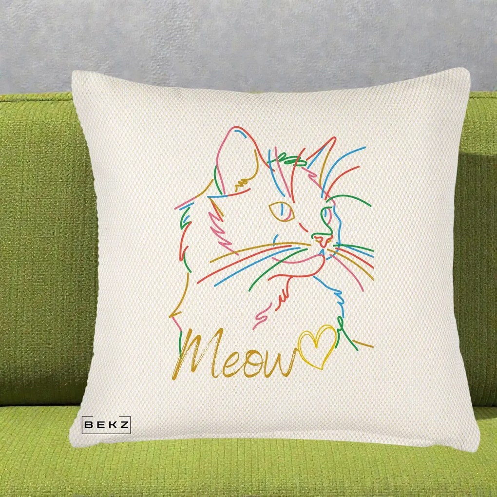 Perna Personalizata Pisica Meow Arta Linie Colorata, 40x40 cm, Crem Reliefat, Husa Detasabila, Perna Inclusa, BEKZ®