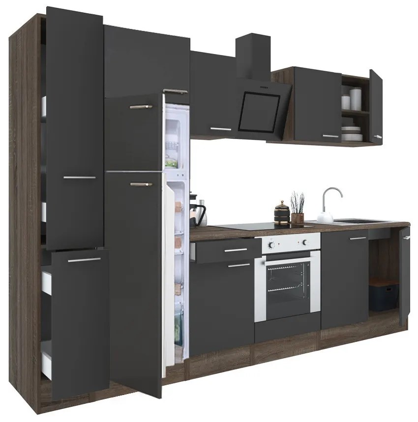 Mobilă de bucătărie Yorki 300, corp din stejar Yorki, față antracit satinat cu element cuptor inferior, frigider cu congelator superior