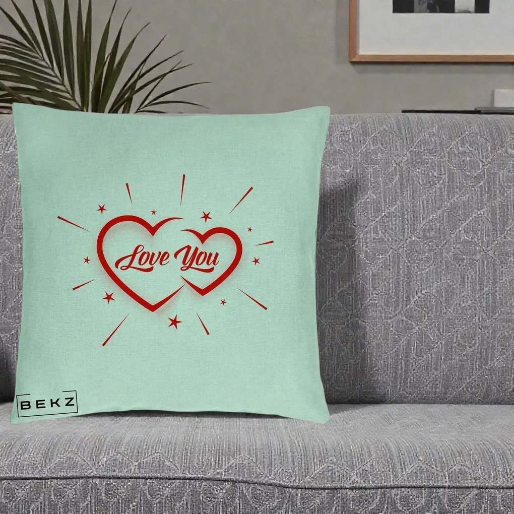 Cadou Romantic - Perna Personalizata Love You Doua Inimi, 40x40 cm, Verde Menta, Husa Detasabila, Perna Inclusa, BEKZ®