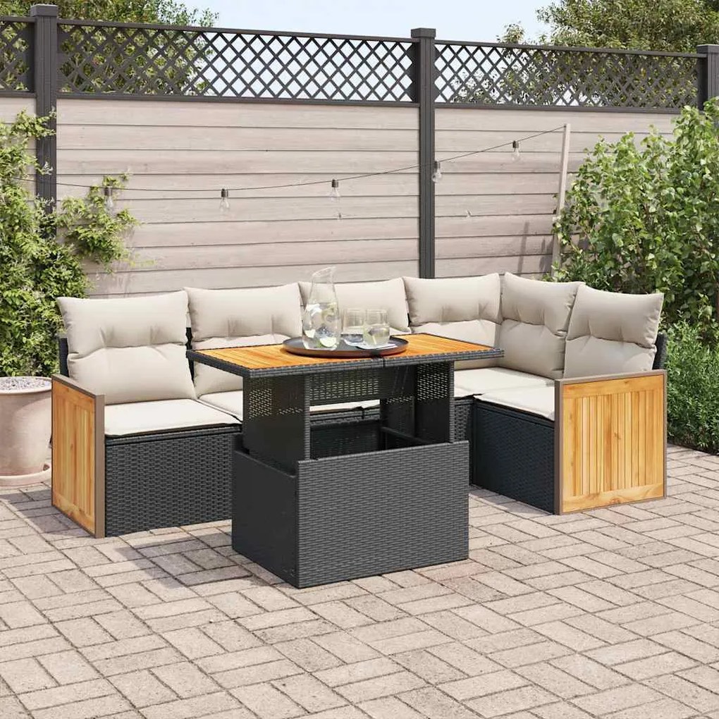 3327710 vidaXL Set mobilier grădină perne 6 piese negru poliratan/lemn acacia