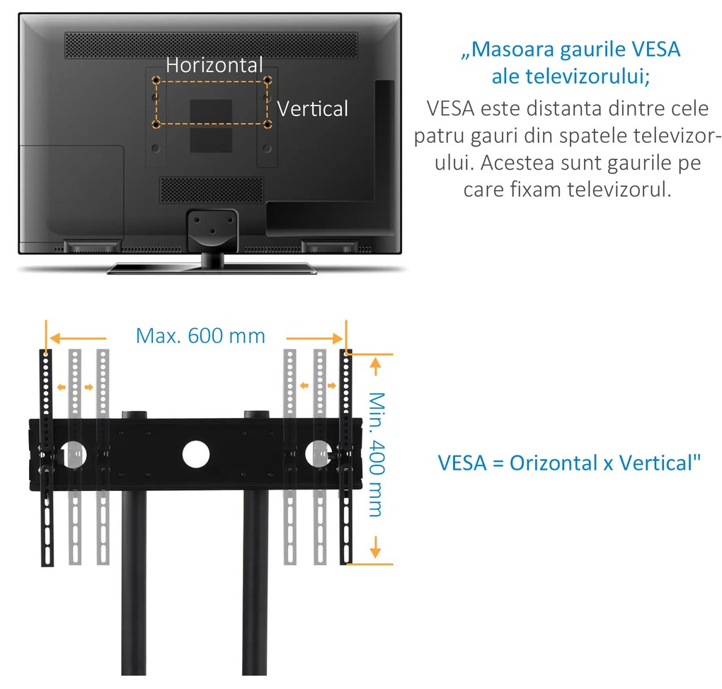 HOMCOM Carucior Suport Televizor cu Roti pentru TV 32-65" s VESA Maxim 600x400mm, Inaltime si Unghi Reglabile, Negru