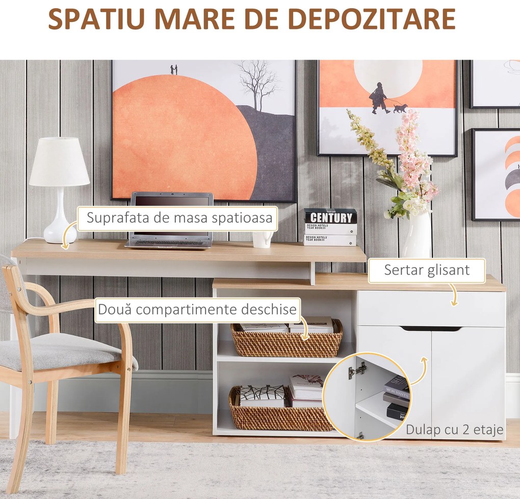 HOMCOM Birou cu Blat Extensibil pentru PC și Bibliotecă, 140x117x76 cm, Alb | Aosom Romania
