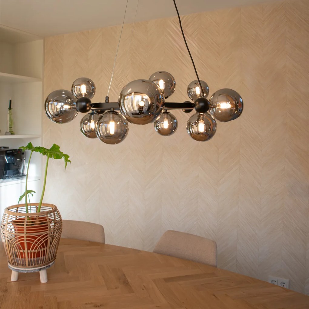 Lampă suspendată Art Deco neagră cu sticlă fumurie cu 12 lumini - David