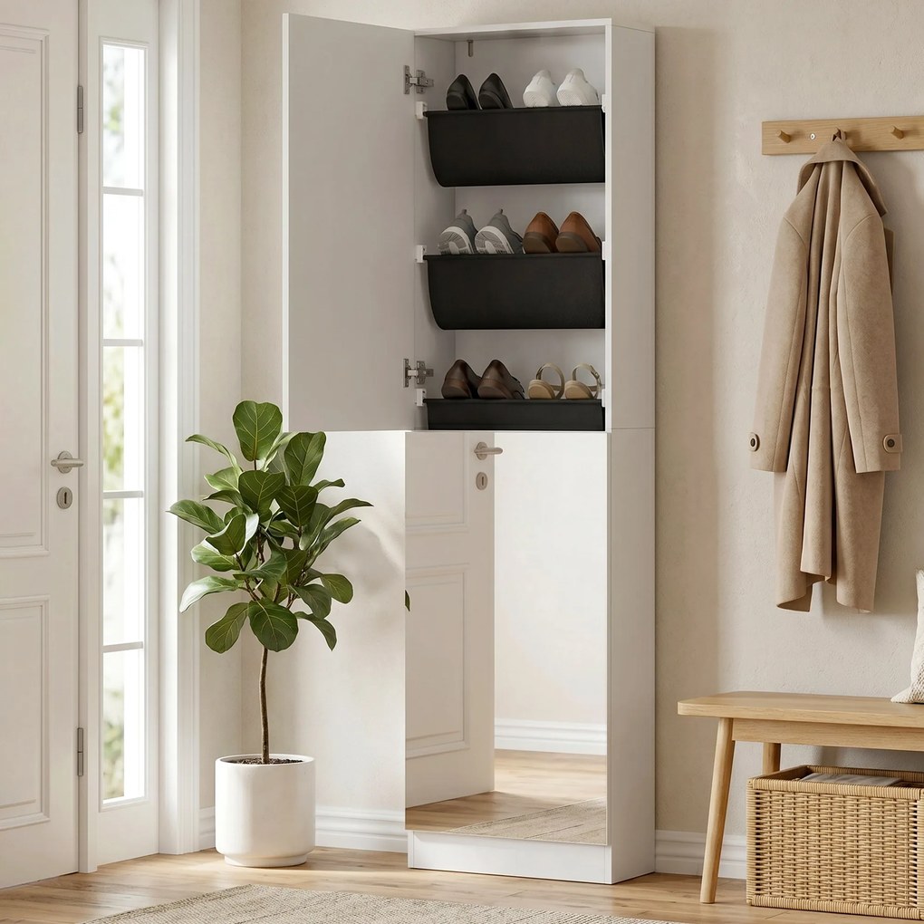 HOMCOM Dulap pentru Pantofi cu Oglindă, Uși Reversibile cu 5 Rafturi din Material Textil, 50 x 20 x 180 cm, Alb | Aosom Romania