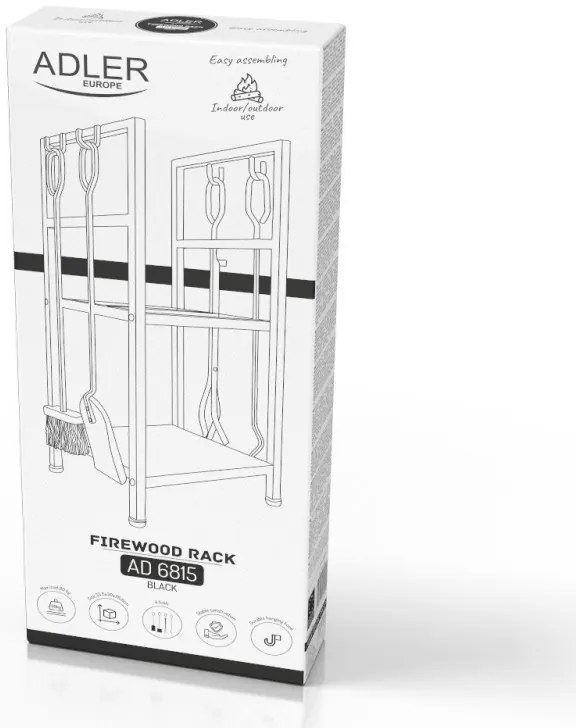 Suport pentru lemne de foc cu unelte Adler AD 6815, Pana la 80 kg, Douа rafturi, Constructie din otel, Negru