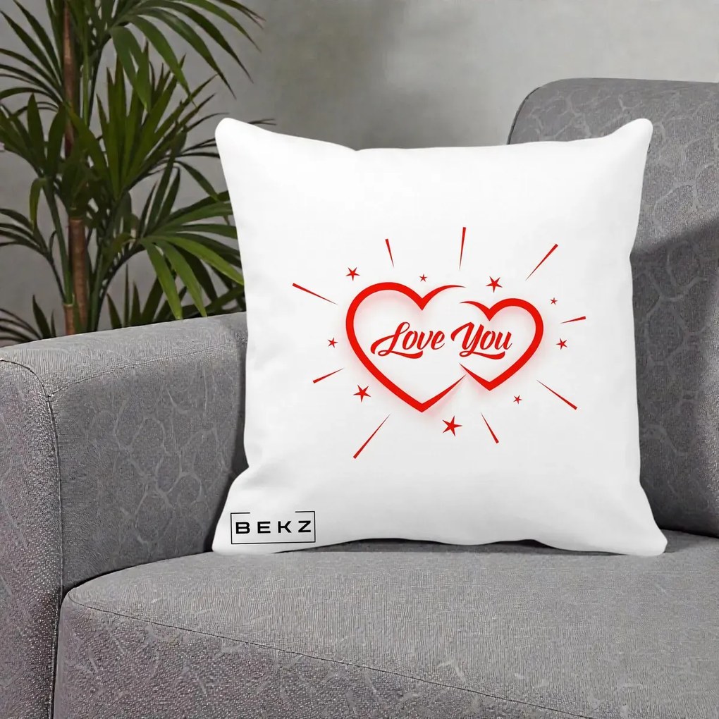 Cadou Romantic - Perna Personalizata Love You Doua Inimi, 40x40 cm, Alba Mata, Husa Detasabila, Perna Inclusa, BEKZ®