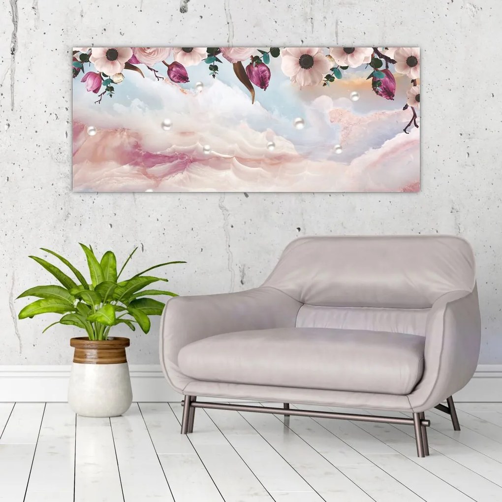 Tablou - Flori roz și marmură roz (120x50 cm)