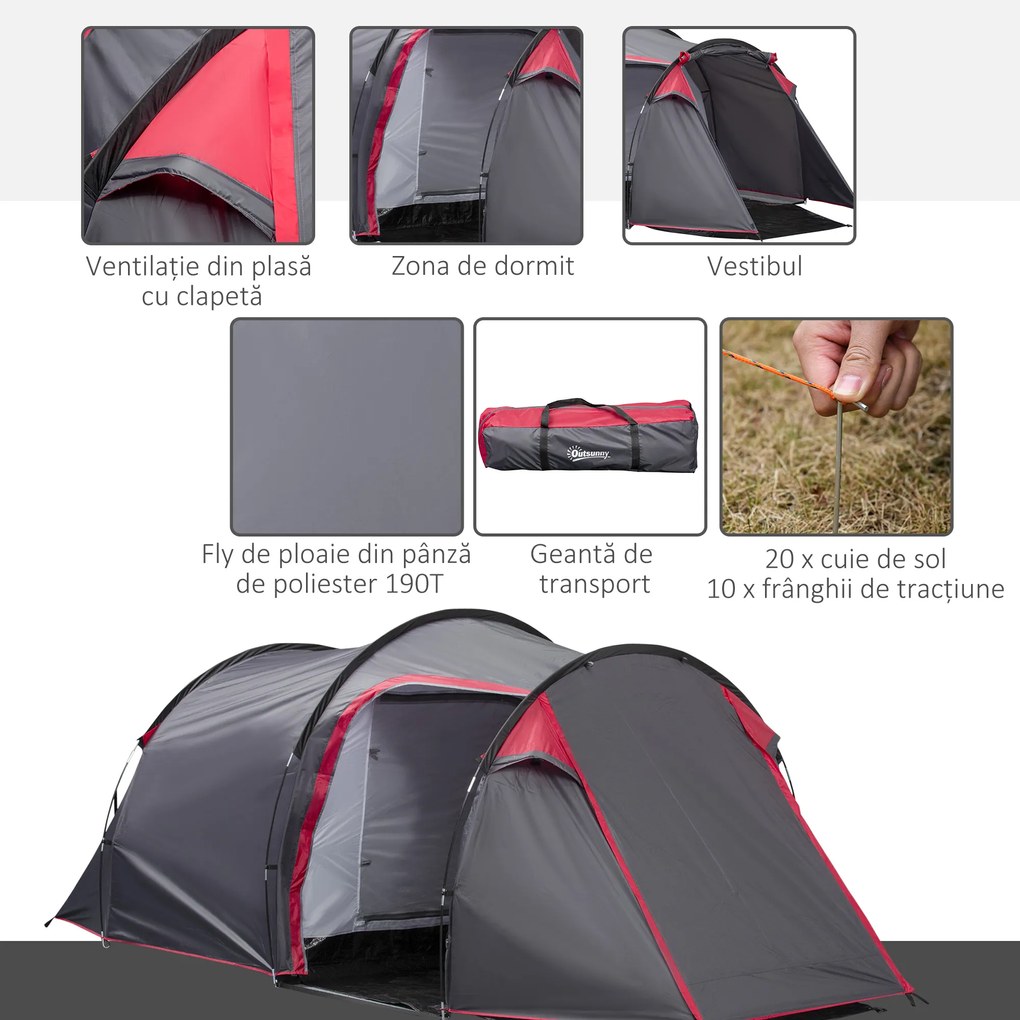 Outsunny Cort pentru Camping 2 Locuri cu Vestibul Mare, Cort Impermeabil Usi cu Fermoar, 426x206x154cm Gri | Aosom Romania