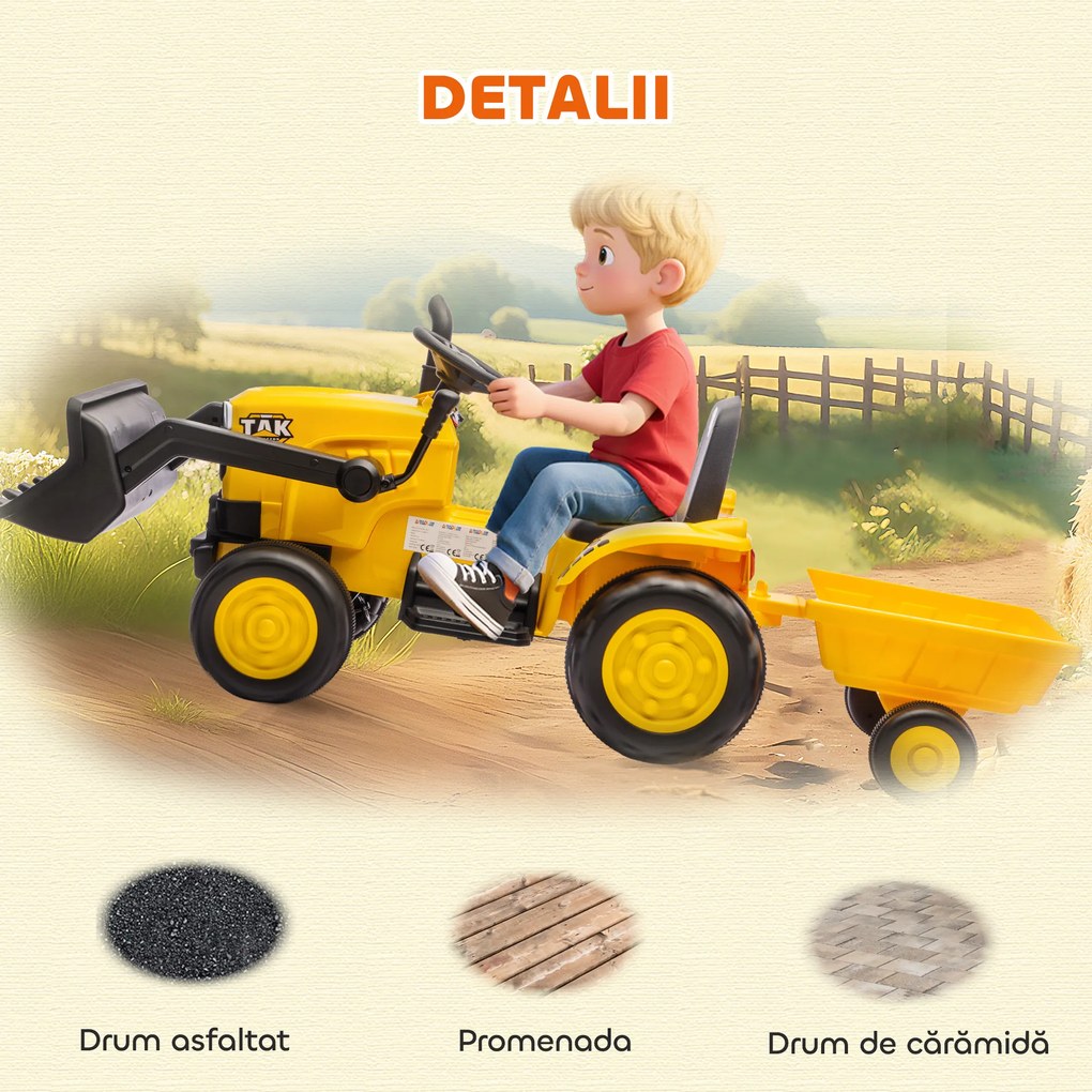 AIYAPLAY Excavator Electric pentru Copii 12V cu Cupă și Remorcă Detașabilă, Tractor Electric de Călărit cu 2 Motoare, Telecomandă, Conexiune Wireless, USB, Lumini și Muzică, 3-8 Ani, Galben | Aosom Romania