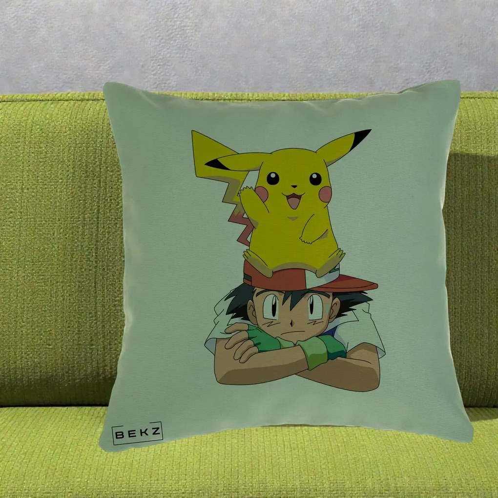 Perna Personalizata Ash si Pikachu, 40x40 cm, Verde, Husa Detasabila, Perna Inclusa, BEKZ®