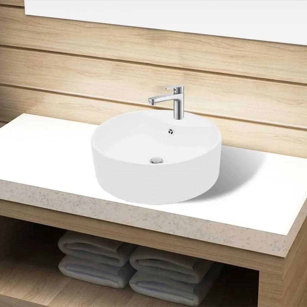vidaXL Bazin chiuvetă ceramică baie cu gaură robinet/preaplin, rotund, alb