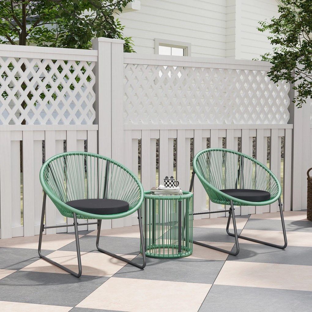 Outsunny Set de mobilier de exterior cu 3 piese, 1 masă, 2 scaune, placă de masă din sticlă, poliratan plastic înfășurat în cadre de oțel, perne moi, Verde | Aosom Romania